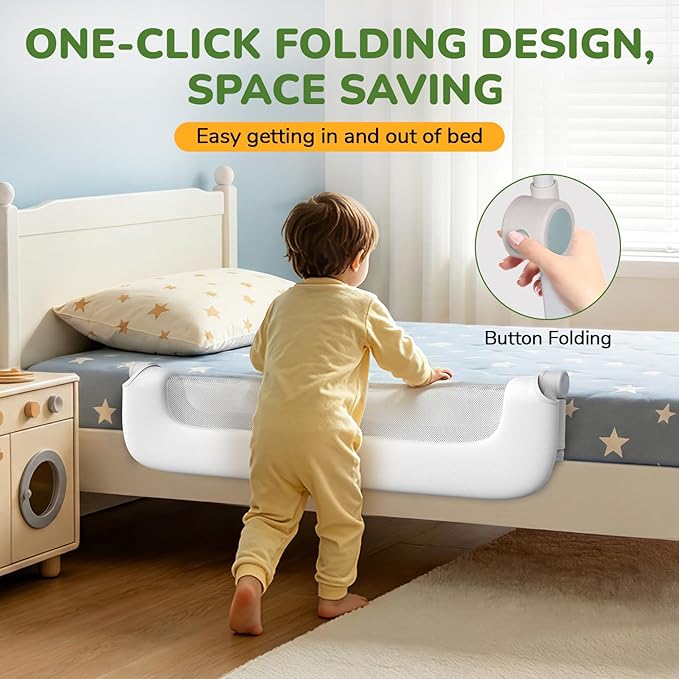 Bed Guard Rail for Toddlers - 32" Adjustable Heights & Folding up Portable Bed Railing for Baby - Toddler Bed Rails Guard for Crib, Twin, Bunk,Full Size, Queen & King Bed(White)