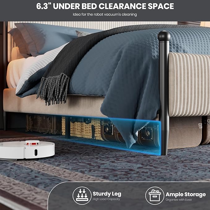 Garvee King Size Upholstered Bed Frame - with Velvet Headboard, Soft Corduroy Fabric Platform with Wooden Slats Support & Heavy Duty Feet, No Box Spring Needed, Noise Free, Easy Assembly, White