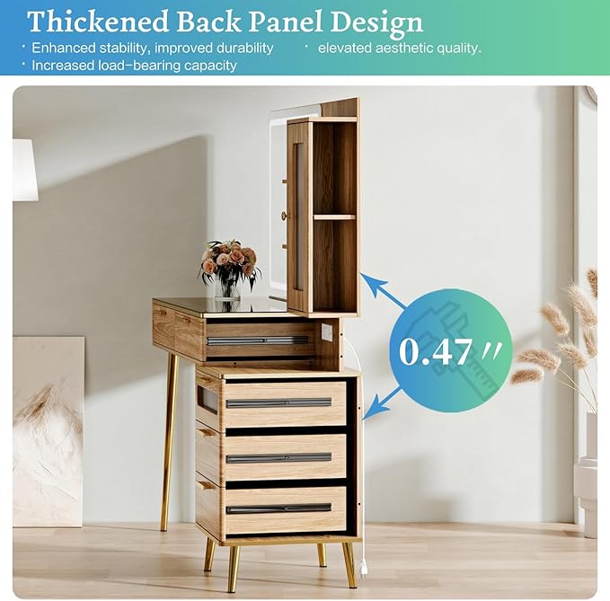 Arulvmrn Vanity Desk with 29.53" HD Lighted Mirror, 47.24" Big Modern Vanity Desk with Mirror and Lights, Makeup Vanity with 5 Drawers and Storage Shelves and Charging Station, Oak