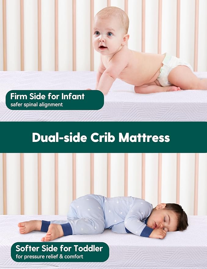 Babelio Ergonomic Zoning Crib Mattress Dual-Sided Memory Foam Waterproof 6" Thick Toddler Mattress with Zipper Cover, Fits Standard Crib