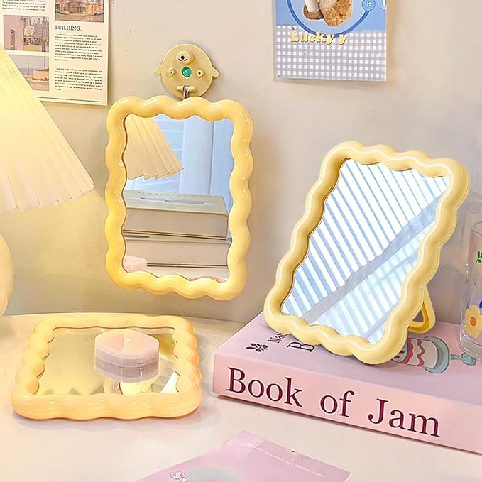 Wave Shaped Table Desk Vanity Makeup Mirror Portable Folding Cute Travel Make Up Mirror for Standing Hanging 6.7X5.3 Inch Home Decoration (Yellow)