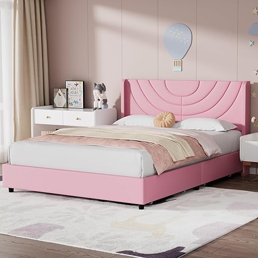 VECELO Full Bed Frame Upholstered Platform with 4 Drawers&Fabric Headboard,Wooden Slats Support/No Box Spring Needed/Mattress Foundation,Pink
