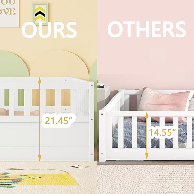 Twin Floor Bed with Slats and High Fence, Twin Size Montessori Floor Beds with Door, No Box Spring Needed, Easy Assemble Montessori Bed Frame(White Twin)