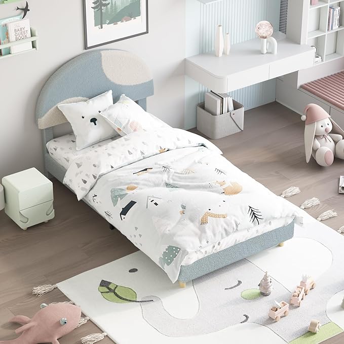 Garvee Twin Bed Frame with Upholstered Round Boucle Headboard, Arch-Shaped Design in Soft Blue and White, Modern Kids Bed with Wooden Slats, No Box Spring Required and Easy Assembly
