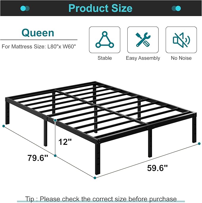 Maenizi 12 Inch Bed Frame Queen Size No Box Spring Needed, Heavy Duty Queen Platform Metal Bed Frame Support Up to 3000 lbs, Easy Assembly, Noise Free, Black