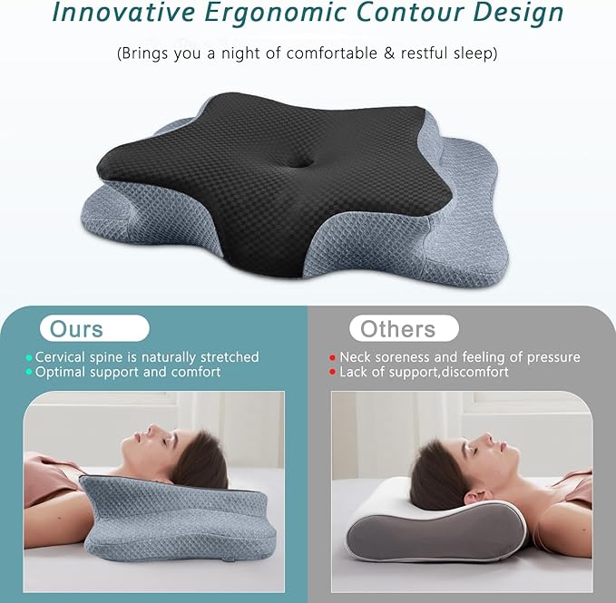 CHxxy Cervical Neck Pillow for Pain Relief Sleeping, Memory Foam Pillows, Ergonomic Side Sleeper Pillows Orthopedic Neck Support Pillow for Back Stomach Sleepers-King Size Black&Grey