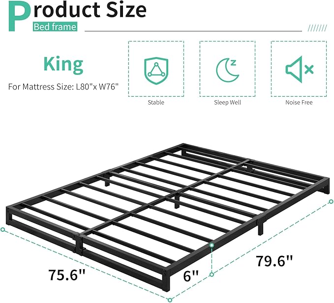 Lutown-Teen 6 Inch King Size Bed Frame Sturdy Mattress Foundation, Heavy Duty Metal Platform with Steel Slats Support No Box Spring Needed, Noise Free, Easy Assembly, Black