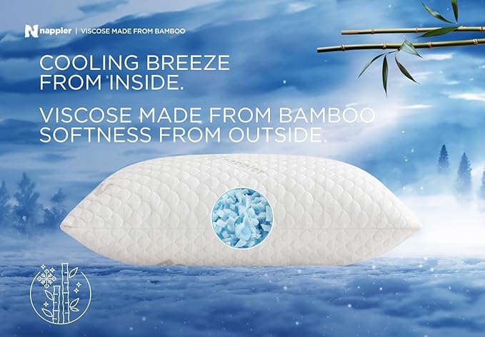 Nappler Cooling Pillow for hot Sleepers -Bed Pillows Standard Size Premium Set of 2 - Adjustable Shredded Memory Foam - Medium to Firm Pillows for Back, Stomach & Side Sleepers - Washable Cover