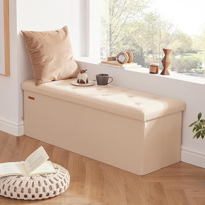 HAUSFRAU Storage Ottoman Bench with Flipping Lid, 43.3 Inches Storage Chest Footsrest, Folding Foot Stool for Entryway, Living Room, Bedroom, Linen Beige