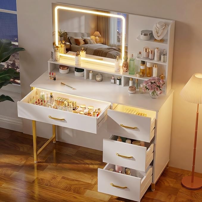 LUCKRACER Vanity Desk with LED Lights Mirror, Makeup Vanity with Storage Drawers and Shelves, Modern Dressing Table for Women Girls Bedroom, Ivory White