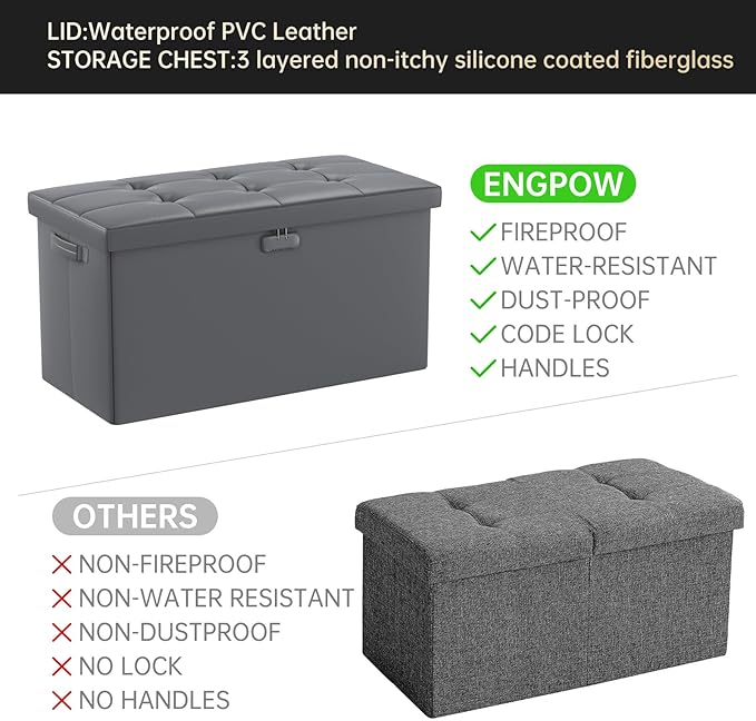 ENGPOW Storage Ottoman Bench,Fireproof Folding Bench with Lock,30 Inches Fire＆Water Resistant Storage Chest Foot Rest Stool Leather Bedroom Ottoman Safe for Documents,Valuables, Pink