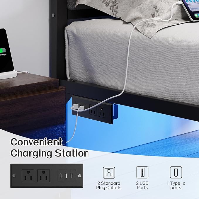 OLEVS Twin Bed Frame with Headboard Metal Platform Bed Twin Size with USB Charging Station and LED Lights, No Box Spring Needed