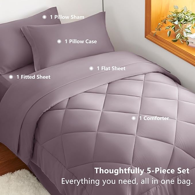 CozyLux Twin XL Comforter Set Dusty Purple - 5 Pieces Twin Extra Long Bed in a Bag for College Dorm, All Season Bedding Set for Girls and Boys, Soft Bed Set with Comforter, Sheets, Pillowcase & Sham