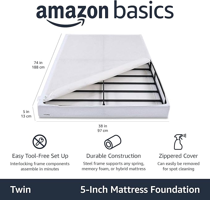 Amazon Basics Sturdy Smart Box Spring Bed Base, 5-Inch Height Mattress Foundation, Strong Support for All Mattress Types, Tool-Free Easy Assembly, Twin, 74" x 38" x 5", White