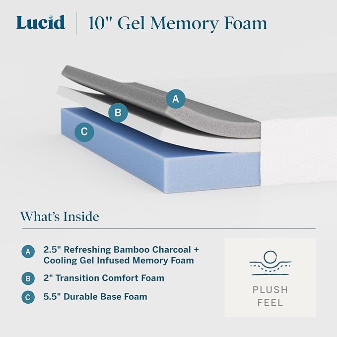 Lucid 10 Inch Memory Foam Mattress - Plush Feel - Infused with Refreshing Bamboo Charcoal and Cooling Gel - Bed in a Box - Temperature Regulating - Pressure Relief - Breathable - Twin XL Size
