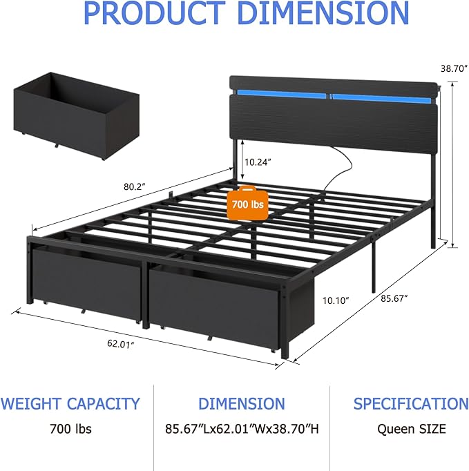 Forestell Queen Bed Frame with Wood Headboard, Black Platform Bed with 2 Storage Drawers & Shelf, Built-in Charging Station & LED Lights, Metal Support, No Box Spring Needed, Cama Queen Size
