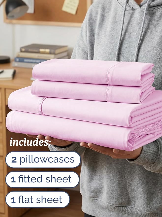 Twin XL 4 Piece Sheet Set - Comfy, Breathable & Cooling - Soft Hotel Luxury Bedding for Women, Men, Kids, Teens and Children - 1 Flat & 1 Fitted Sheet & 2 Pillowcases with Deep Pockets - Light Pink