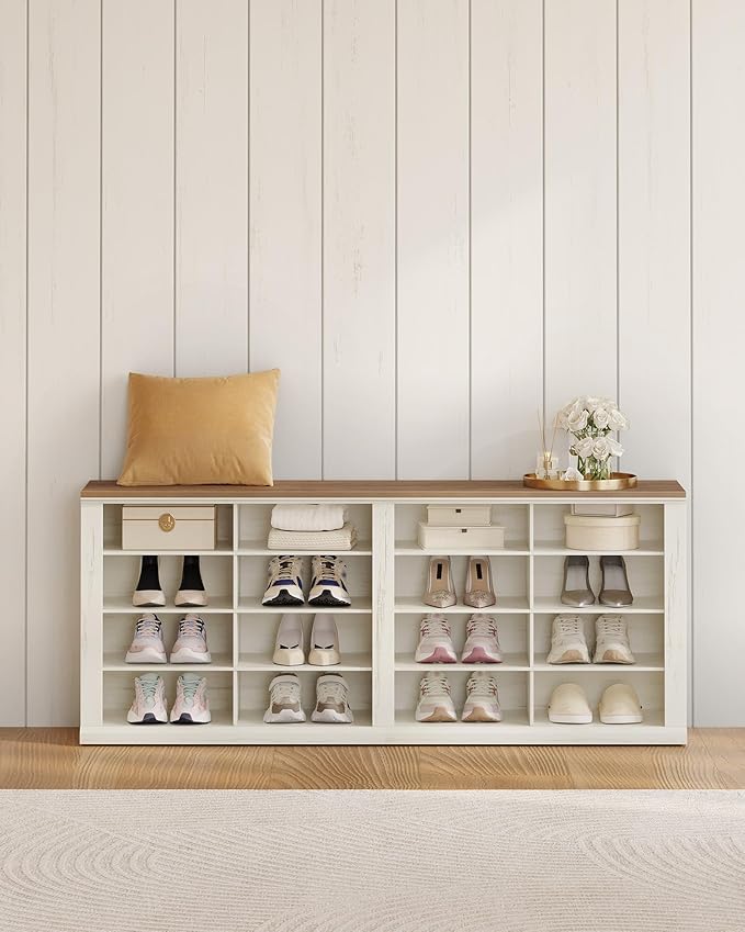 Hzuaneri Farmhouse Shoe Storage Bench, Entryway Shoe Cubby Bench, Widened Wooden Shoes Cubbies with Compartments, Shoes Rack Benchs for Cloakroom, Entryway, Antique White SB24614X