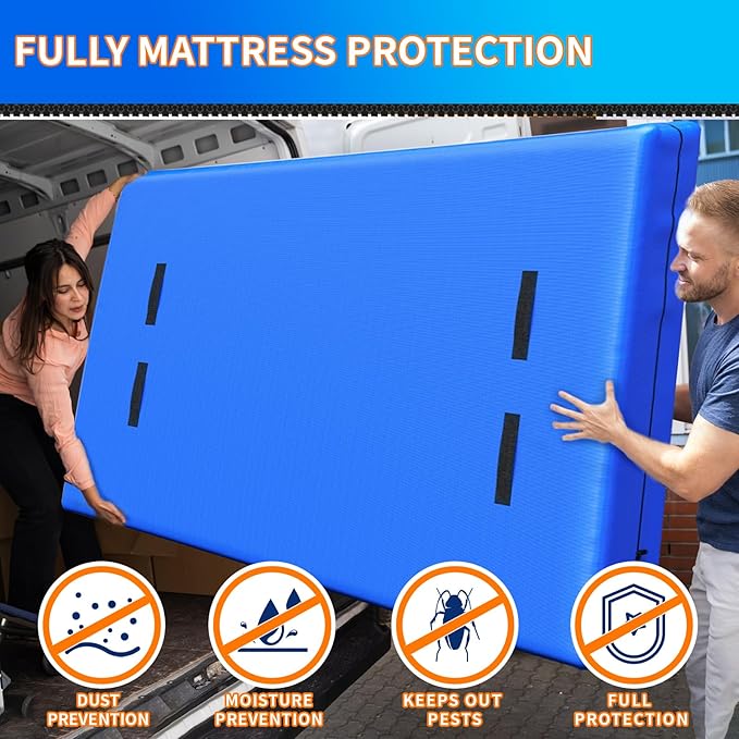 Full XL Mattress Bag for Moving and Storage, Reusable Heavy Duty Tarp Waterproof Mattress Cover, Zippered Mattress Protector with 8 Strong Carrying Handles, 82’’ Lx 57’’ W x 15’’ D