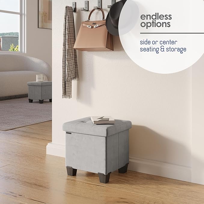 Storage Ottoman Cube with Small Bin, 15-in Square Ottoman with Storage for Living Room and Bedroom, Small Ottomans Foot Rest, Velvet Foot Stools Ottomans Max 330lbs, Light Grey