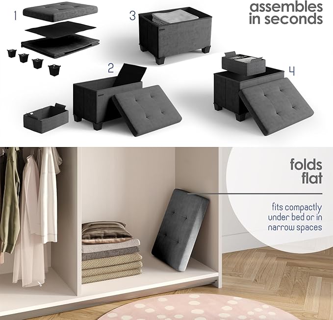 Storage Ottoman Cube with Small Bin, 16-in Square Ottoman with Storage for Living Room and Bedroom, Small Ottomans Foot Rest, Velvet Foot Stools Ottomans Max 330lbs, Grey