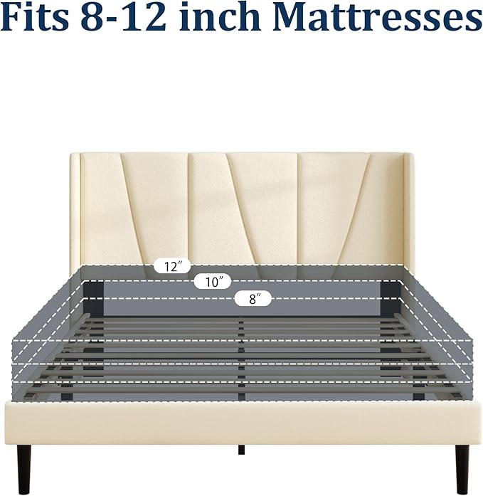 Sismplly Queen Bed Frame with Headboard, Velvet Upholstered Queen Size Platform Bed with Wingback, Mattress Foundation with Wooden Slat Support, No Box Spring Needed, Easy Assembly, Noise Free, Beige