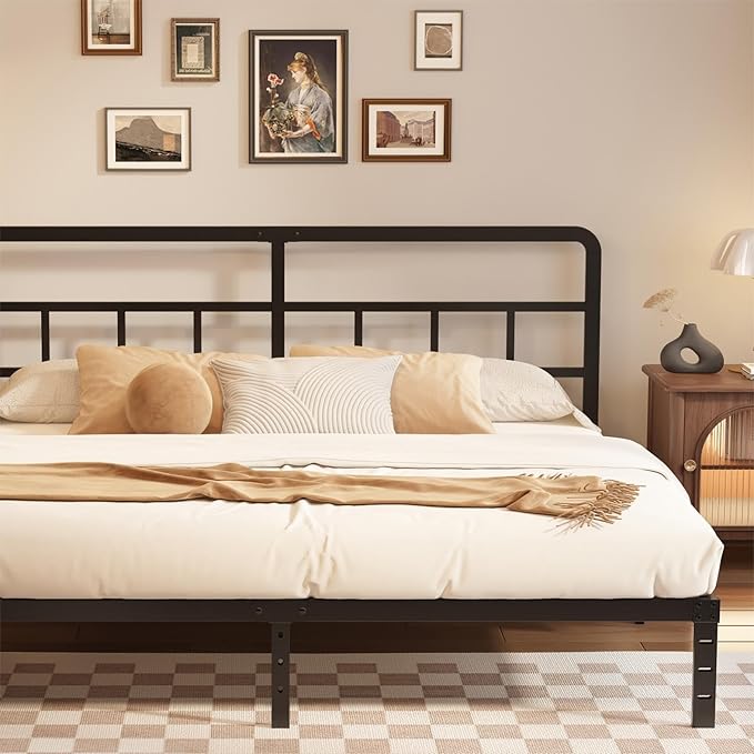Husleephu California King Bed Frame with Headboard, 12 Inch Heavy Duty Metal Platform Cal King Bed Frame, No Box Spring Needed, Noise Free, Easy Assemble, Black