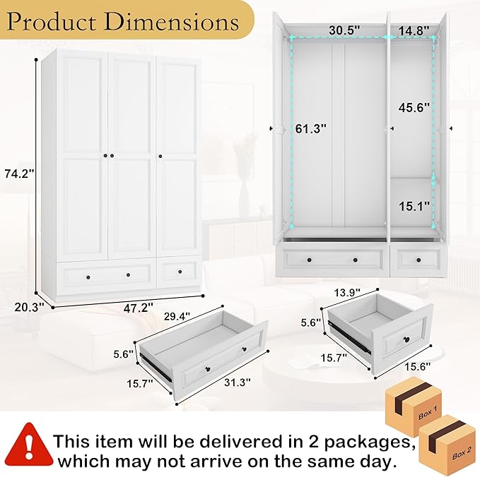 Armoire Wardrobe Closet with Drawers: 47" White Wardrobe Closet with 3 Doors and 2 Drawers, Wood Clothes Armoire with Hanging Rod, Clothing Storage Cabinet for Bedroom