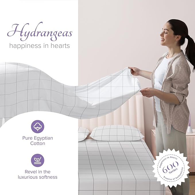 Carressa Linen 100% Egyptian Cotton Queen Sheet Set - 600 Series Hydrangeas Printed Egyptian Cotton Queen Sheets Set (4 PC, White Chex), 16" Deep Pocket Sateen Weave Luxury Hotel Bed Sheet