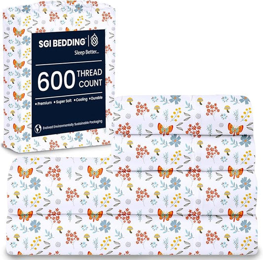SGI bedding 100% Egyptian Cotton Sheets Full XL Size – 600 Thread Count Sheets Set, Soft, Cooling, 15" Deep Pocket, Luxury Hotel Bedding, Breathable, Durable - Butterfly Garden