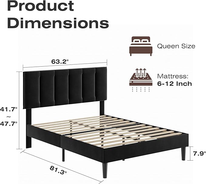 VECELO Queen Bed Frame with Upholstered Headboard, Heavy-Duty Platform Bedframe with Strong Wooden Slats Support, No Boxing Spring Needed, Velvet & Black
