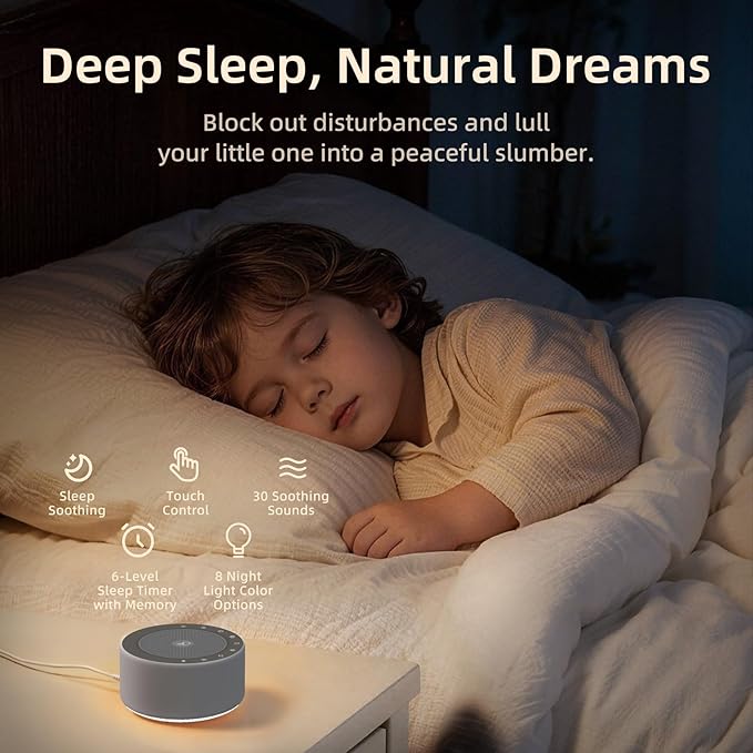 Kipcush White Noise Machine - Soft Non-Glare Nursery Lamp, 30 Soothing Sounds, 8 Color Lights, Max 8-Hour Timer for Baby & Adults (1 Grey, Standard)