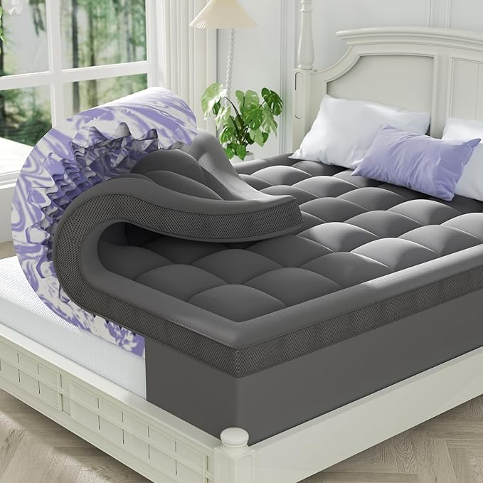 ChiXpace Dual Layer 4 Inch Memory Foam Mattress Topper Queen - 2 Inch Gel Memory Foam and 2 Inch Pillow Top Mattress Pad, 7-Zone Egg Crate Queen Size Mattress Topper (Grey)