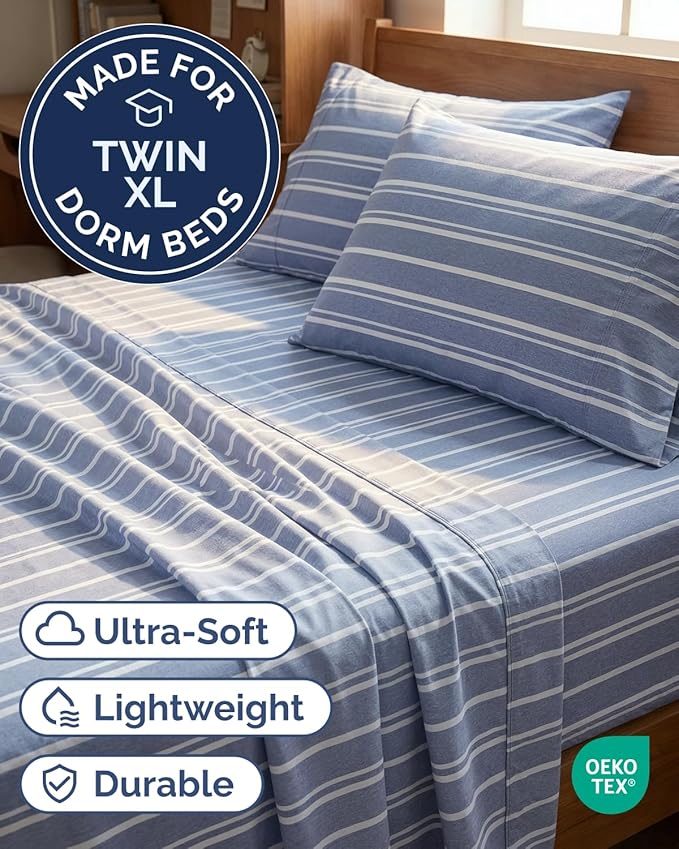 Twin XL 4 Piece Sheet Set - Comfy, Breathable & Cooling - Soft Hotel Luxury Bedding for Women, Men, Kids, Teens & Children - 1 Flat & 1 Fitted Sheet & 2 Pillowcases w/ Deep Pockets - Blue Stripes 3