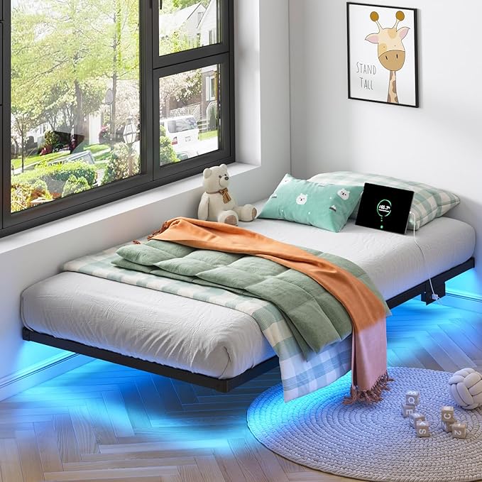 HAVONIZD Floating Bed Frame Twin with LED Lights and Charging Station - 10 inch Platform Bed Frame No Box Spring Needed, Easy Assembly