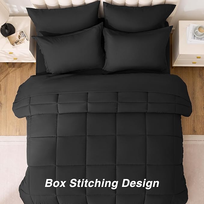 Love's cabin King Size Comforter Set Ash Black, 7 Pieces King Bed in a Bag, All Season Bedding Sets with 1 Comforter, 1 Flat Sheet, 1 Fitted Sheet, 2 Pillowcase and 2 Pillow Sham | Soft, Breathable, Lightweight, Comfortable