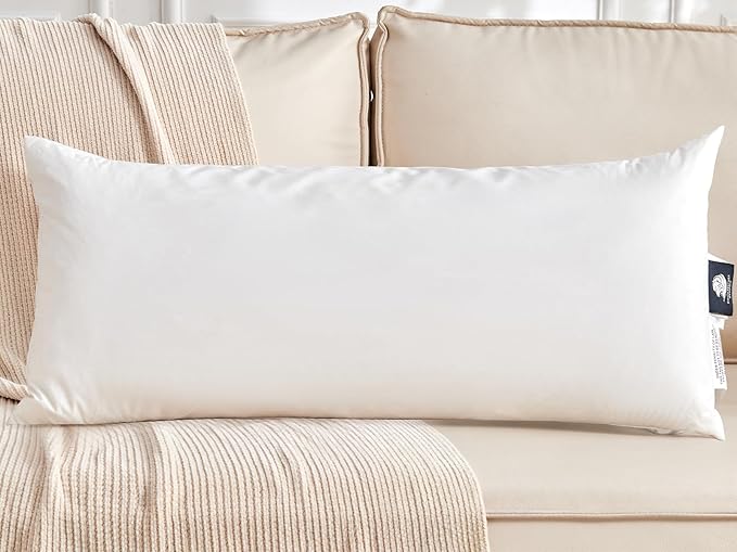 Organic Feather Down Lumbar Pillow Inserts (14x36 Inch, Set of 1) - 100% Cotton Shell, Filling of Feathers & Memory Foam, Rectangular Decorative Pillow Form Core for Couch, Sofa, and Bed