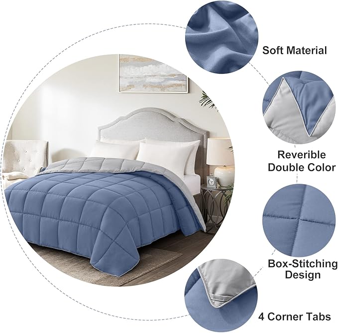 Homelike Moment Comforters Queen Size - Blue Duvet Insert Down Alternative Bed Queen Comforter, Lightweight Bedding Comforters Full Size Quilted Soft All Season Reversible Blue/Grey