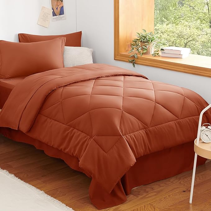 CozyLux Twin XL Comforter Set Burnt Orange - 5 Pieces Twin Extra Long Bed in a Bag for College Dorm, All Season Bedding Set for Girls and Boys, Soft Bed Set with Comforter, Sheets, Pillowcase & Sham