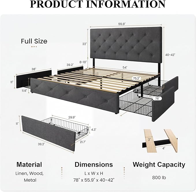 SHA CERLIN Upholstered Full Size Platform Bed Frame with 4 Storage Drawers, Adjustable Headboard with Diamond Stitched Button Tufted Design, Wooden Slat Support, No Box Spring Needed, Dark Grey
