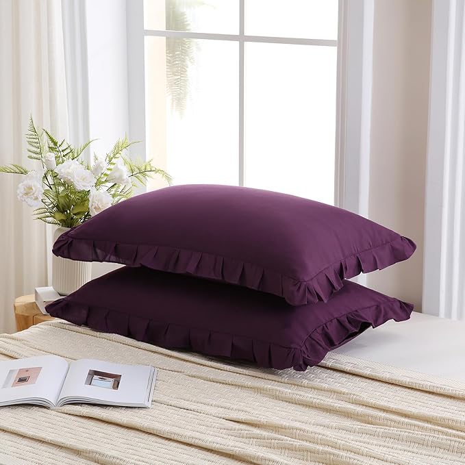 Merryword Dark Purple Pillow Shams Purple Ruffle Standard Pillowcases Cute Pillow Cover Set of 2 Shabby Chic Soft Microfiber Pillowcases 2 Pack