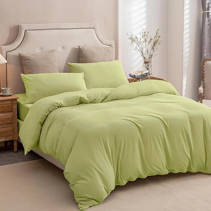PURE ERA Jersey Knit Duvet Cover Set 100% T-Shirt Cotton Super Soft Comfy 2pc Bedding Set with Zipper Closure (Yellow Green, Twin)