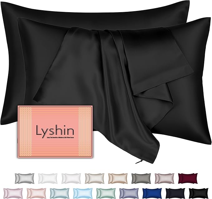 Silk Pillow Cases 2 Pack Standard Size with Hidden Zipper, Mulberry Silk Pillowcase for Hair and Skin, Smooth and Soft Breathable Cooling Silk Satin Pillowcase Set of 2, Gifts for Women，Black