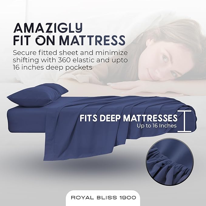 Top Split King Sheets Sets for Adjustable Bed, 4 Pcs Double Brushed Deep Pockets Microfiber Sheets, 34 Inch Split Top Fitted Sheet, 1 King Flat Sheet and 2 Pillowcase Navy Blue