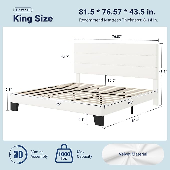 Allewie King Size Platform Bed Frame with Velvet Upholstered Headboard and Wooden Slats Support, Fully Upholstered Mattress Foundation/No Box Spring Needed/Easy Assembly, White
