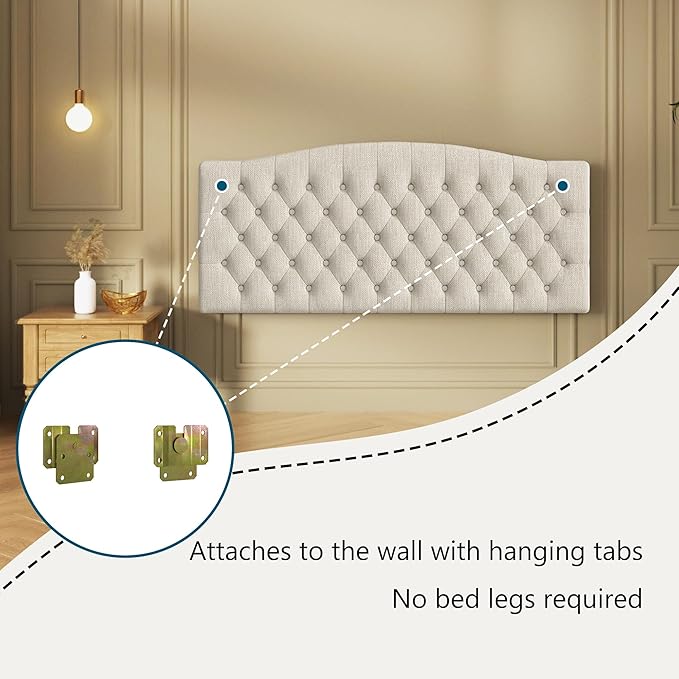Furpopup Linen Upholstered Headboard Queen/Full Size Bed Tufted Button Headboard, Featuring High-Density Sponge Padding, Luxury Texture Easy Assembly Comfort and Style-Ivory