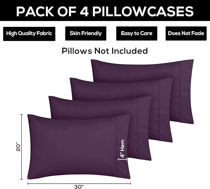 Utopia Bedding Queen Pillow Cases - 4 Pack - Envelope Closure - Soft Brushed Microfiber Fabric - Shrinkage and Fade Resistant Pillow Covers Queen Size 20 X 30 Inches (Queen, Purple)