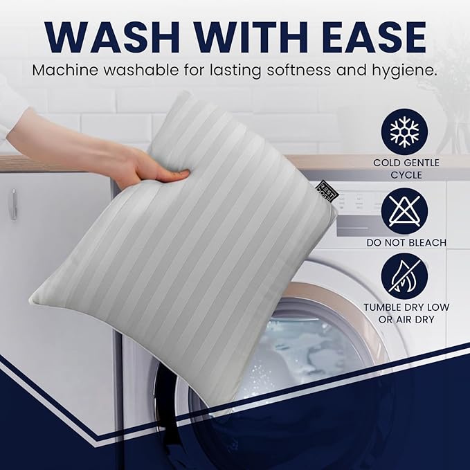 Bed Pillows for Sleeping, Set of 2 – Cooling, Hotel Quality with Soft Down Alternative Fill for Back, Stomach & Side Sleepers | White Striped Queen