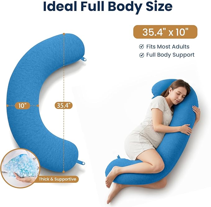 TranquilRelax C Shaped Body Pillow for Side Sleepers, Memory Foam Long Pillow for Leg, Hip & Back Support, Soft Washable Cover,Light Blue-35"*10"