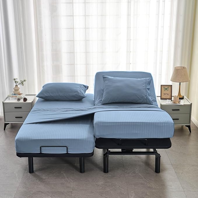 Kingnex Striped Split California King Sheets Sets for Adjustable Bed with Deep Pocket 5 Pieces Include 2 Cali Twin XL Fitted Sheets 1 Flat Sheet 2 King Size Pillowcases Blue